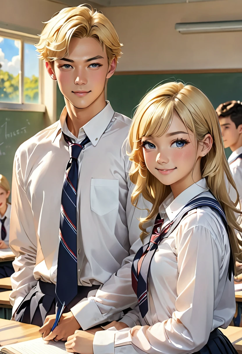 (piece flies), (best qualityer), very detailled, (((Two friendly high school boys:1.5))), face perfect, beautiful  face, very detailled face，(Man with blonde hair:1.3)，(Blonde haired man:1.3)，schoolyard，class room，uniforme de estudante，necktie，chemise