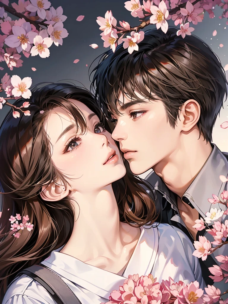 (masutepiece, Digital Art, Digital Illustration, 4K, 8K, Ultra-detailed, beautiful image, Sharp Image, Photorealistic, Raw photo, Perfect face, Perfect lines, Perfect eyes, Soft lighting) , a couple, 1 girl 1 boy, Hair color is different, Medium black hair and black eyes, Short black hair and gray eyes, Romance, Lie on the ground, See the cherry blossoms、couple kissing、a couple、Lip touch การถ่ายภาพบุคคล, พื้นหลังเรียบๆ