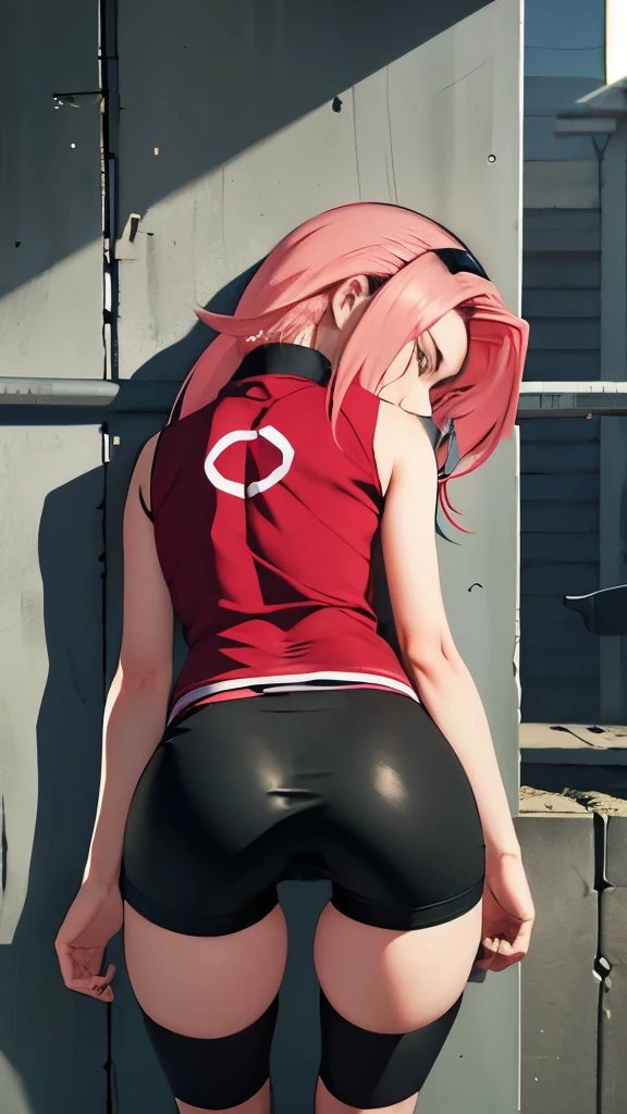 chedevr， Best quality at best， 1 girl， Sakura Haruno， big ，red clothes，Grew, to be sexy，Very angry，with pink hair， long pink hair， （green eyes:1.4)， Forehead Protection，ideal figure,Behind,Портрет в полный рост Behind,in the cell,standing on his feet, сильно bent over вперед, face pressed against the wall ,legs straight, leans his hands on the wall, the back is arched back, tight black glossy bicycle shorts, lower body close up , butt raised up, bent over