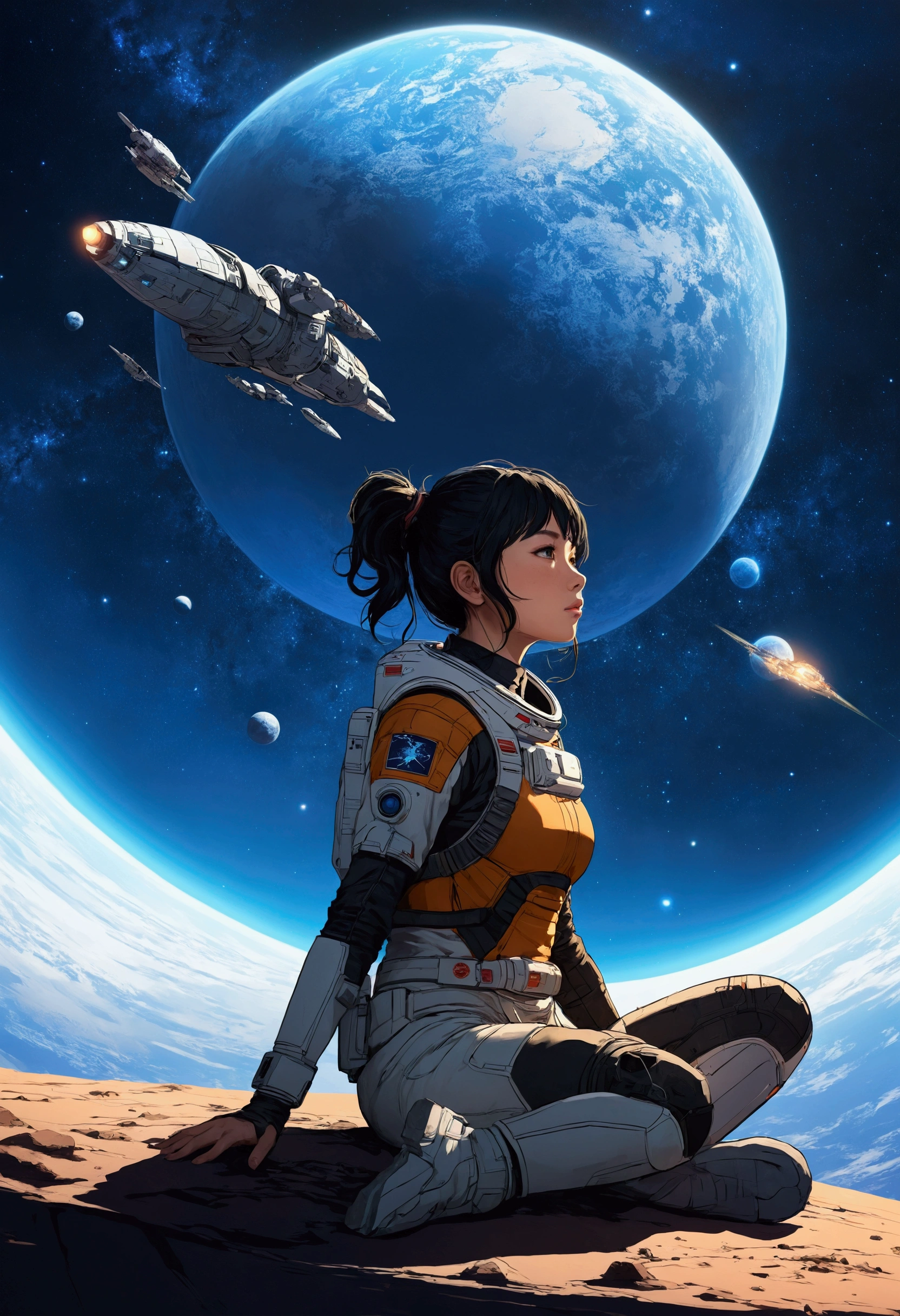 Anime Type、A girl sitting on the ground looking at a broken spaceship、Space Cowboys、サイバーSpace Cowboys、Josan Gonzalesに触発された、Xin Haicheng(Apexlegends)、Akira art style、Rosstranstil、Akira Vibes、Akira art style、Float next to the planet、Josan Gonzales、Sci-Fi Art!!!!!!、Josan Gonzales!!!、In space、