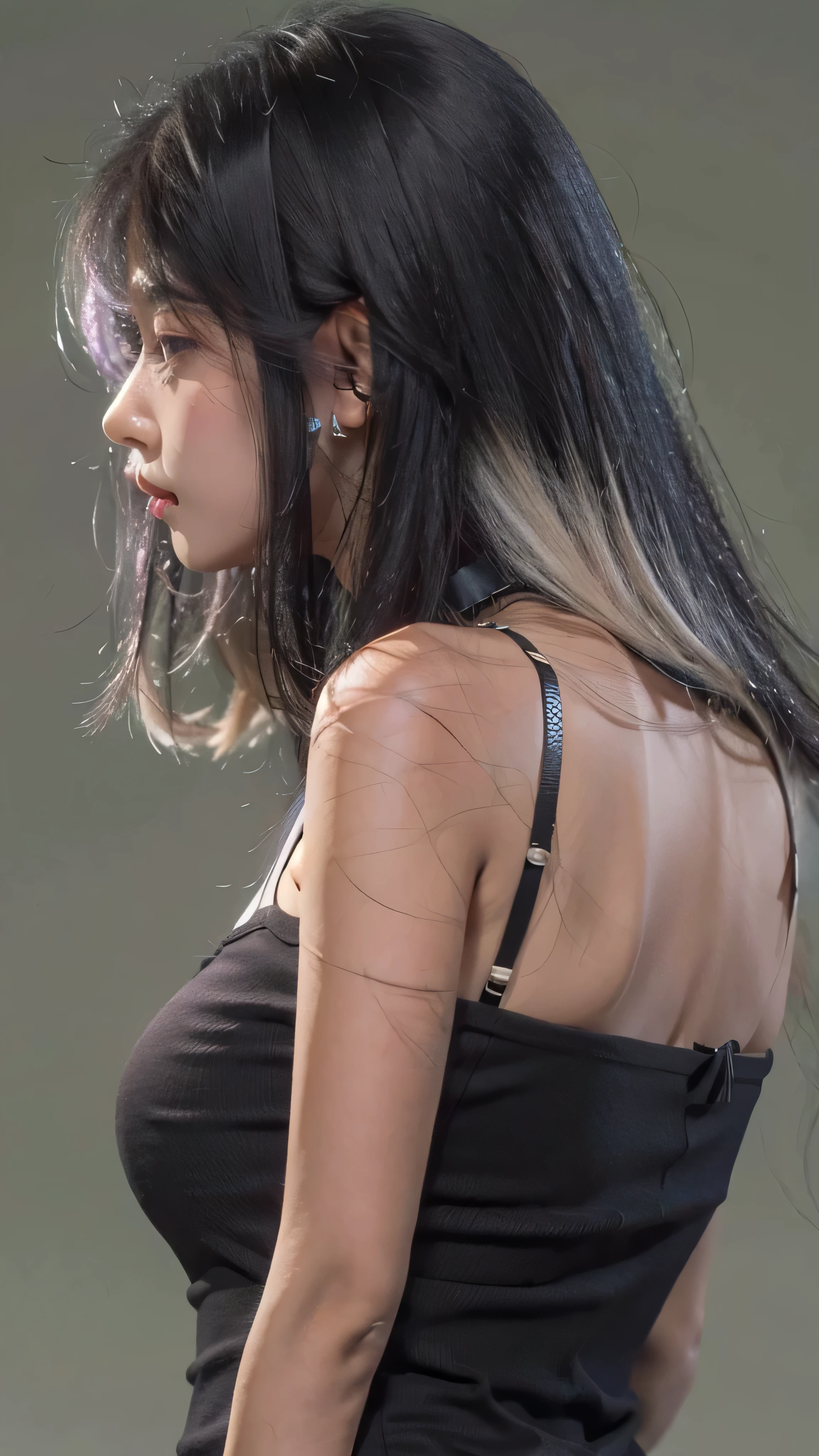 RAW photo, extremely delicate and beautiful, masterpiece, Best Quality, ultra high resolution, 32k, hyperrealistic, ultra-detailed, in her 20s, delicate facial features, tearful mole, earring, big breasts, full body shot, shorter middle hair, black hair, (((3 girls))), short pencil skirt, black shirt, collared dress shirt, sleeveless, best quality, ultra high res, (photorealistic:1.4), pretty girl, tanktop black shirt, black tight skirt, black choker, (faded ash gray hair:1), medium breasts, looking at viewer, closeup, (pretty face) , southeast asia girl, (RAW photo, best quality,high quality,highres), (realistic, photo-realistic), ultra-detailed,(front lighting) 