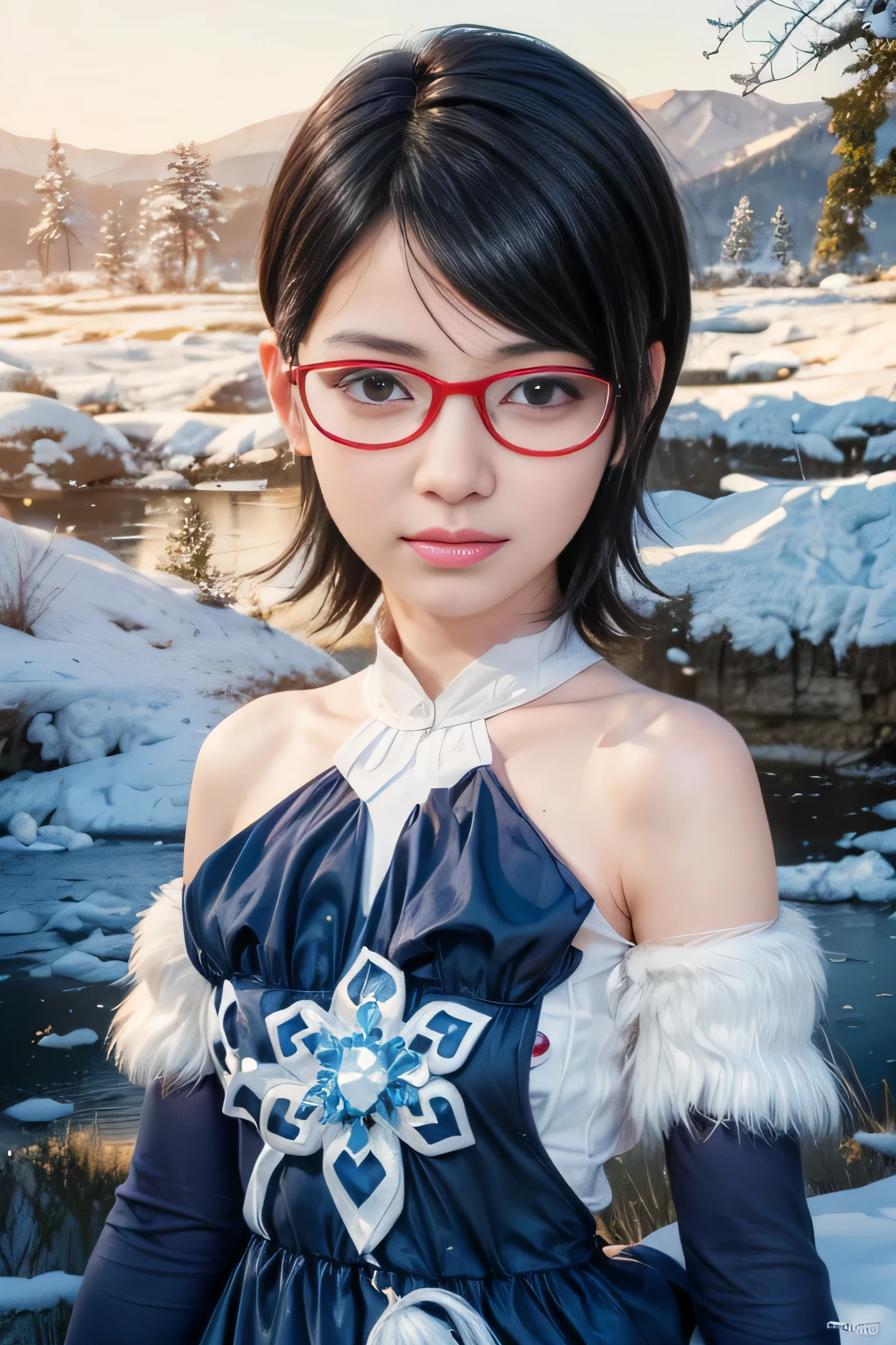 masterpiece, best quality, (realistic,photo-realistic:1.4), (RAW photo:1.2), extremely detailed CG unity 8k wallpaper, delicate and beautiful, amazing,finely detail, official art, absurdres, incredibly absurdres, huge filesize, ultra-detailed,extremely detailed eyes and face,light on face,yuuki asuna,(little smile),(black hair:1.4),(wearing blue dress:1.4),(very short hair:1.4),nature,sarada uchiha ,(wearing red framed glasses:1.4),(winter background:1.4),snowy