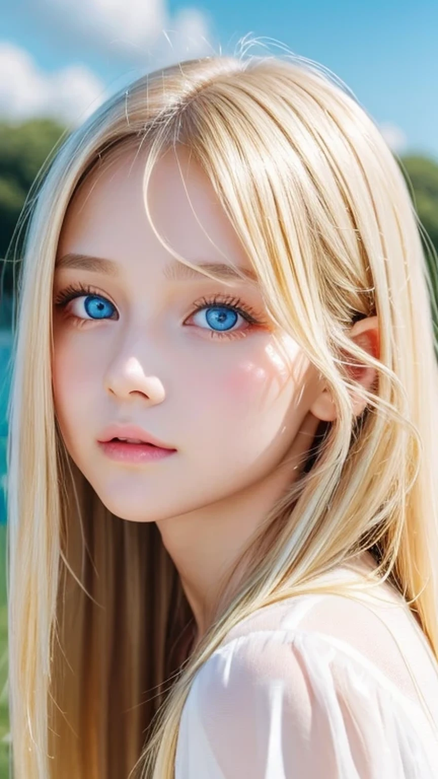 clear shiny skin、13 years old cute sexy little beautiful face、very large and beautiful bright pale sky blue eyes、Very big eyes、Straight long hair that shines in the light、Long, silky bangs that cover her cute eyes、Sexy face hiding hair、Too long hair、sexy cute young beautiful girl、Super long natural young blonde hair with sparkling light highlights Blonde hair above the eyes Blonde hair above one eye、Blonde hair between the eyes、Cheek gloss highlighter