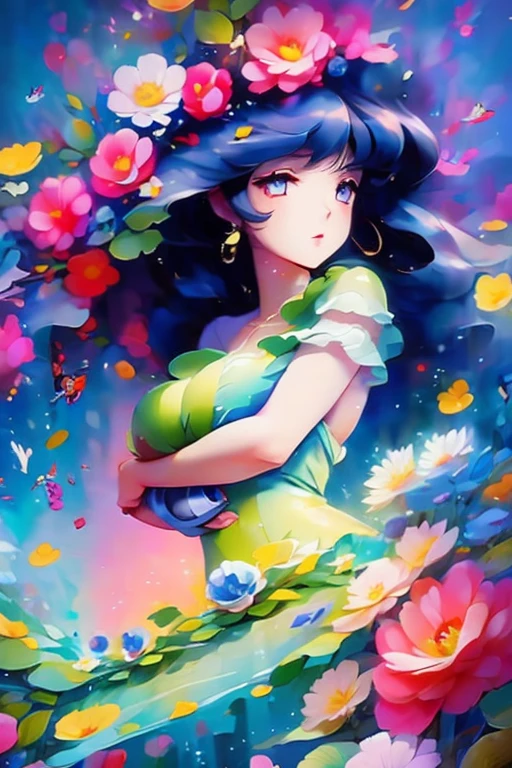 Super Dimension Fortress Macross、Lynn Minmay, One girl, alone, Full Color、colorful, Braiding, View your viewers, dress, Long Hair, Traditional Media, sign, bangs, compensate, with own hands, Black Hair, Upper Body, lipstick, Drill Hair, artist name, twin Braidings, Bridal Gauntlet, No sleeve、universe space、Singing on stage、Panorama