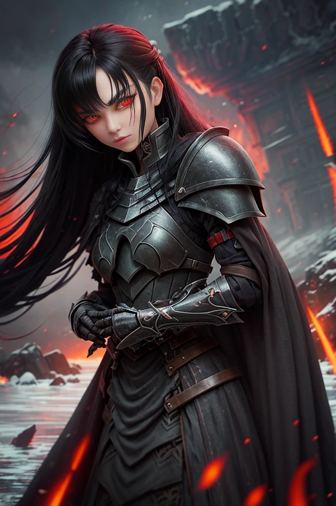 a woman with black hair and eyes, dressed in macabre armor with details of human bones, beautiful female paladin with long hair, night sky, red mist, river of blood, battlefield, icy gaze;