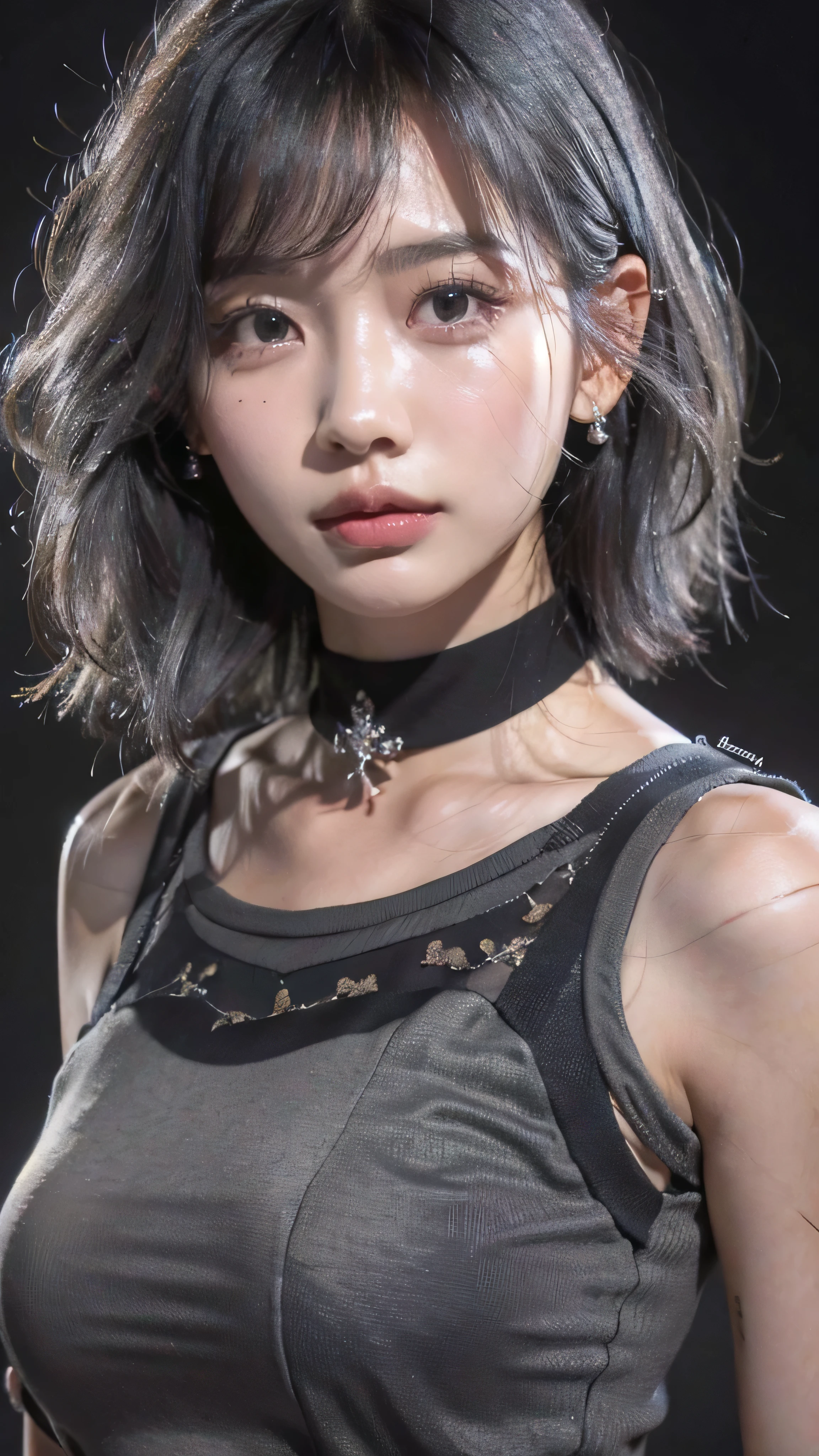 RAW photo, extremely delicate and beautiful, masterpiece, Best Quality, ultra high resolution, 32k, hyperrealistic, ultra-detailed, in her 20s, delicate facial features, tearful mole, earring, big breasts, full body shot, shorter middle hair, black hair, (((3 girls))), short pencil skirt, black shirt, collared dress shirt, sleeveless, best quality, ultra high res, (photorealistic:1.4), pretty girl, tanktop black shirt, black tight skirt, black choker, (faded ash gray hair:1), medium breasts, looking at viewer, closeup, (pretty face) , southeast asia girl, (RAW photo, best quality,high quality,highres), (realistic, photo-realistic), ultra-detailed,(front lighting) 