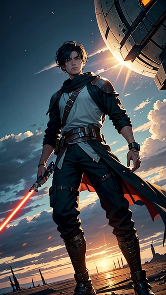 Create a highly realistic, cinematographic portrait of **CENGİZHAN**, a young male hero from the Star Wars universe. CENGİZHAN ist ein mutiger und entschlossener Mann im Alter von etwa 23 yearsn. He has a wild, but sympathetic charisma.
**Details:**
- **Face and expression:**
- Alter: 23 years.
- Skin color: Helle, slightly tanned skin.
- Eyes: size, expressive brown eyes with a touch of determination and curiosity.
- Hair: Short, dark hair, slightly disheveled, which give it an untamed look.
- Expression: A brave, determined look with a touch of innocence and adventurous spirit.
- **Clothing and equipment:**
- Wears a mix of traditional Star Wars clothing and Sith robe.
- A simple, but robust helmet - A worn, leather tunic and matching trousers, which offer both freedom of movement and protection.
- A double-bladed lightsaber with green and red color
- **backdrop:**
- A rough, dirty ship in the universe with asteriods
- Im backdrop sind verfallene Gebäude und Teile abgestürzter Raumschiffe zu sehen, that create a post-apocalyptic atmosphere.
- **Light and atmosphere:**
- Warmes, golden light of the setting sun, das das Gesicht von CENGİZHAN sanft beleuchtet und seine Entschlossenheit betont.
- Dust and sand, which swirl gently through the air and create a mystical, create an epic atmosphere.
- Deep shadows, which enhance the contrast between light and darkness and give the image a dramatic touch.
**Additional Notes:**
- Pay attention to a high level of detail in the depiction of Cengizhan's facial features and his clothing. The image should have a cinematic quality, as if it were a still from an epic Star Wars movie. The atmosphere should convey excitement and a sense of adventure.