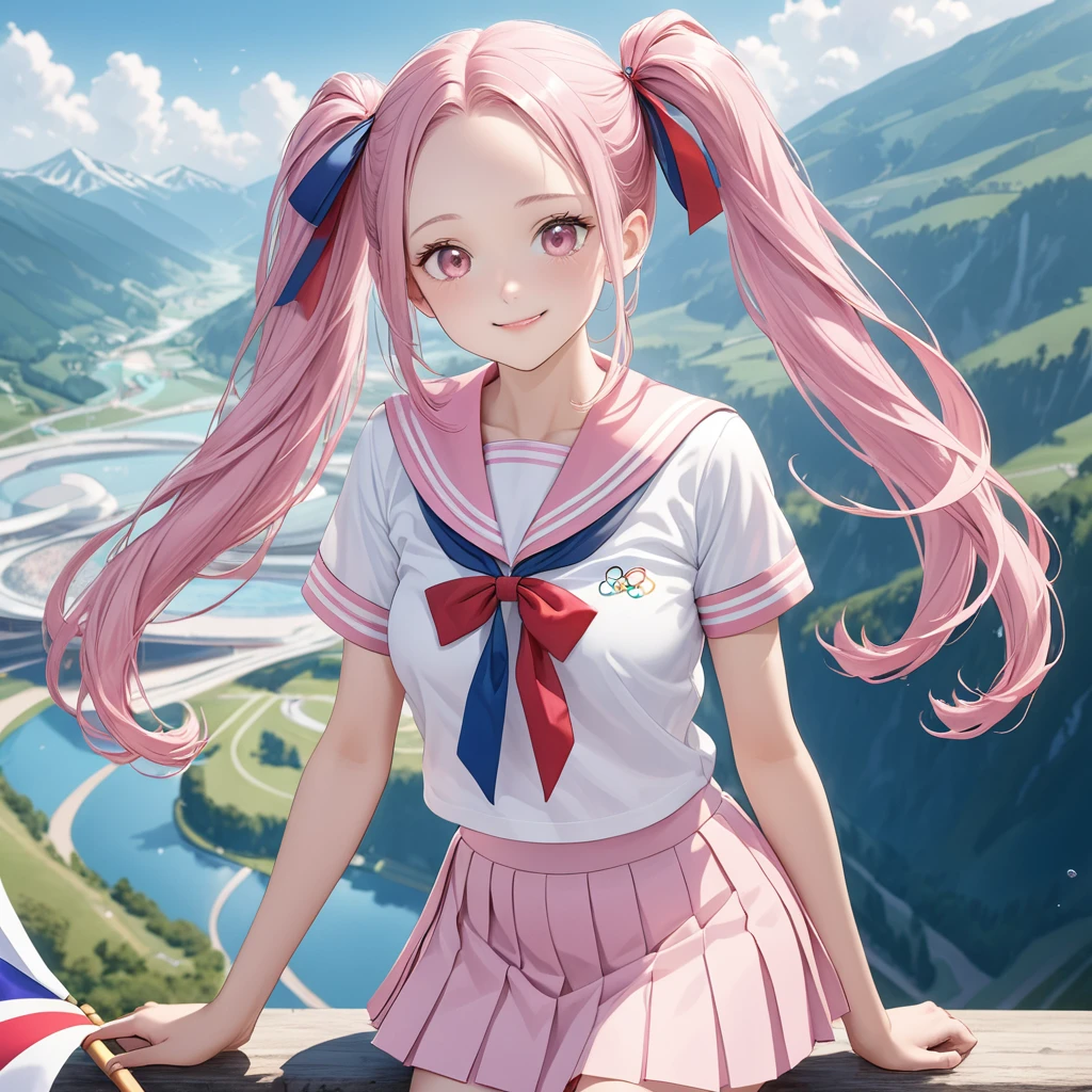 (8k, table top, best quality, official art, beautiful detailed, beautiful lighting, The greatest masterpiece in history that transcends limitations), (1 girl, alone), (), (beautiful detailed face), (shiny white skin), (beautiful big tits:1.3), (thighs, navel), (beautiful detailed pink twin tails hair, forehead:1.3), (beautiful detailed drooping pink eyes:1.5), break, (high school :1.3), (Passel pink sailor collar, white short sleeve short sleeve outing shirt, pastel pink pleated skirt, passel pink ribbon:1.5), (happy smile:1.2), break, (attractive, look at the camera, cute pose), Breathtaking scenery, (ultra detailed beautiful france, fly, Olympics:1.2), (with a flag, france, Japanese, Olympics flag:1.5), {{{pussy}}}, {{{nipple}}}, 