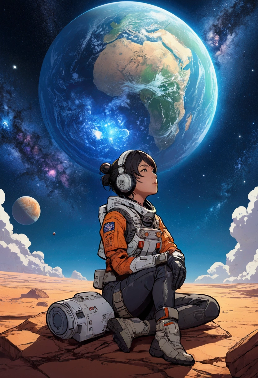 Anime Type、Girl sitting on the ground looking at the singularity、Space Cowboys、サイバーSpace Cowboys、Inspired by Josan Gonzalez、Xin Haicheng（Apexlegends）、Akira art style、Rosstranstil、Akira Vibes、Akira art style、Simple Background