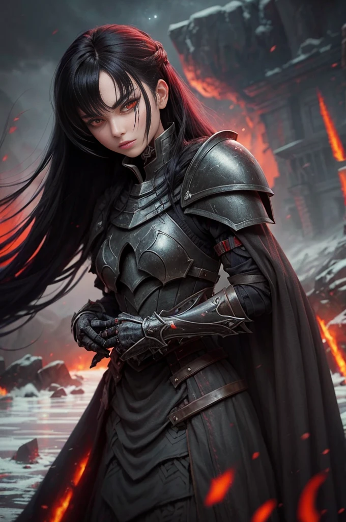 a woman with black hair and eyes, dressed in macabre armor with details of human bones, beautiful female paladin with long hair, night sky, red mist, river of blood, battlefield, icy gaze;