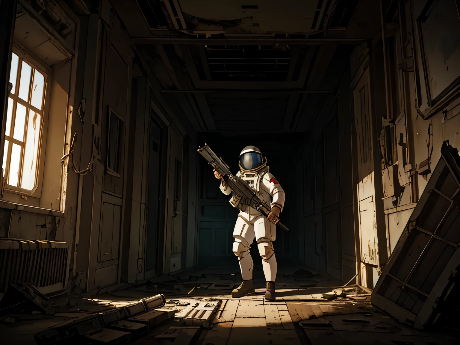 masterpiece, great detail, astronaut, rifle in hand, in combat position, White uniform, Alone, abandoned ship, wrecked ship, low light, destroyed hallways