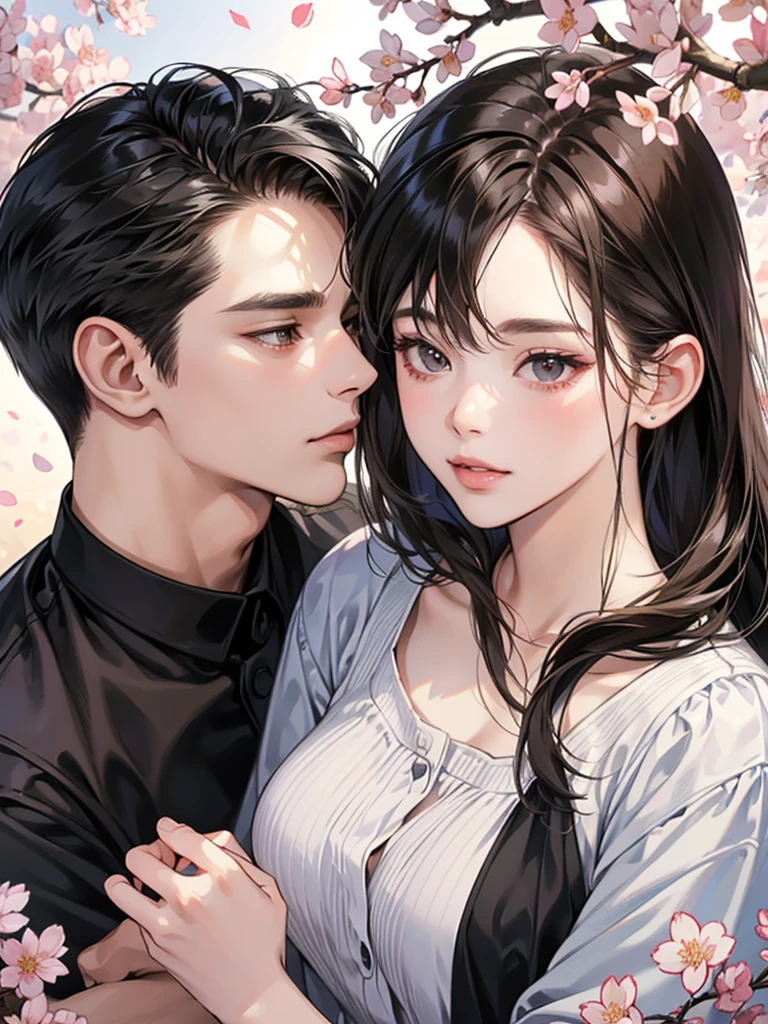 (masutepiece, Digital Art, Digital Illustration, 4K, 8K, Ultra-detailed, beautiful image, Sharp Image, Photorealistic, Raw photo, Perfect face, Perfect lines, Perfect eyes, Soft lighting) , a couple, 1 girl 1 boy, Hair color is different, Medium black hair and brown eyes, Short black hair and gray eyes, Romance, Lie on the ground, See the cherry blossoms、the kiss、Kissing、a couple、Lip touch, พื้นหลังเรียบๆ