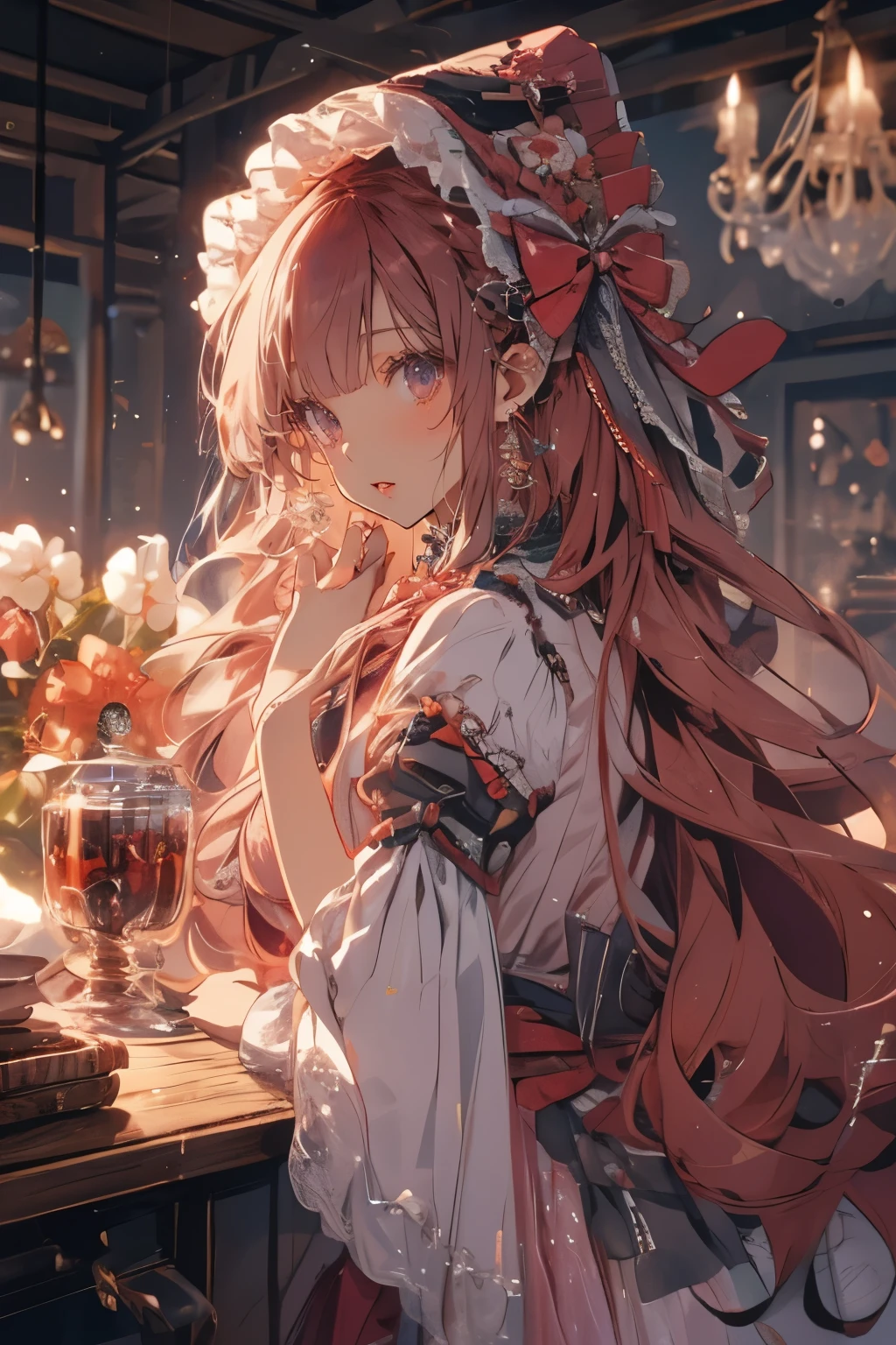 (Mastepiece)、(Best Quality)、Highly detailed face、Anime Girl、1 girl、ta Clothing、Fluffy long hair、Red hair