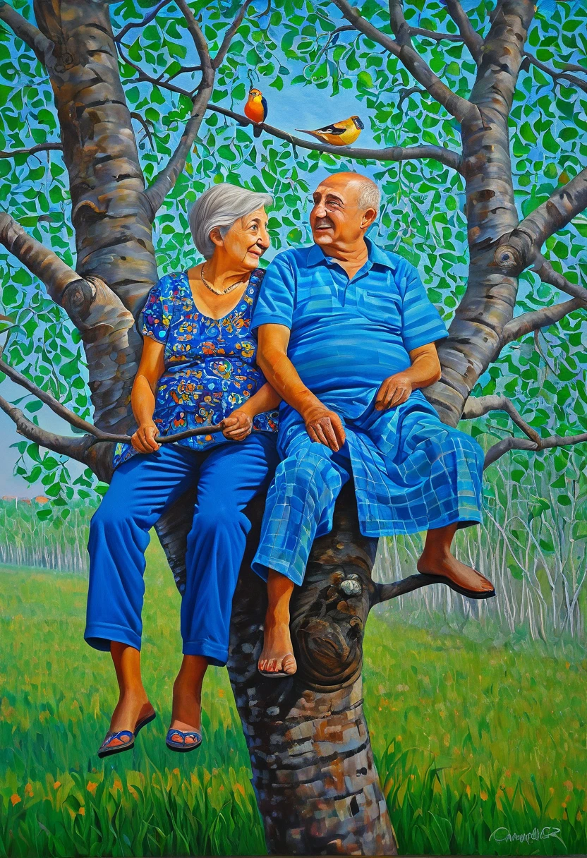 Painting depicting grandparents sitting on a tree branch like birds, Igor Grabar, a very humorous oil painting inspired by Pal Sinyei Merce, Pal Sinyei Merce, Mikhail Lebedev, Alexei Egorov, Mikhail Evstafiev, Artem Chebokha