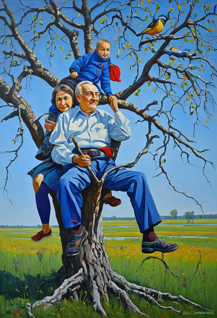Painting depicting grandparents sitting on a tree branch like birds, Igor Grabar, a very humorous oil painting inspired by Pal Sinyei Merce, Pal Sinyei Merce, Mikhail Lebedev, Alexei Egorov, Mikhail Evstafiev, Artem Chebokha