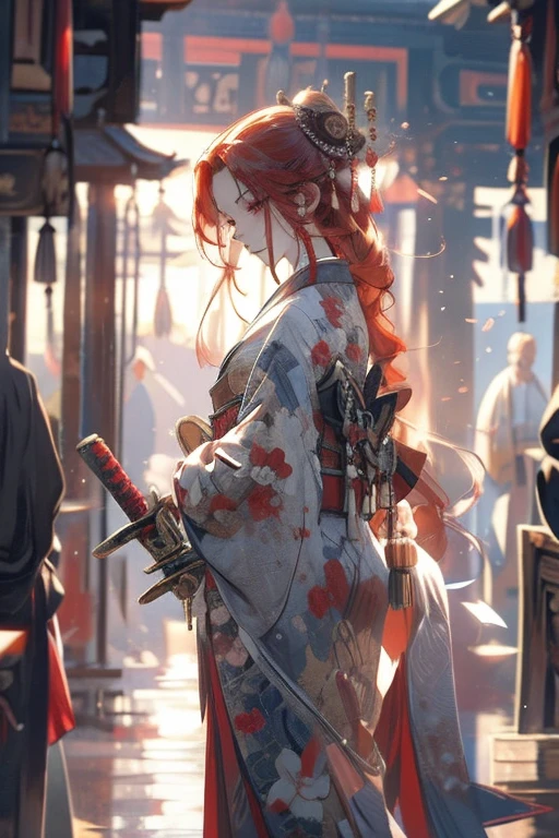 Perfect face. Perfect hands. A red haired woman with a red eyes and an hourglass figure in a kimono is spinning a red sword in a shrine