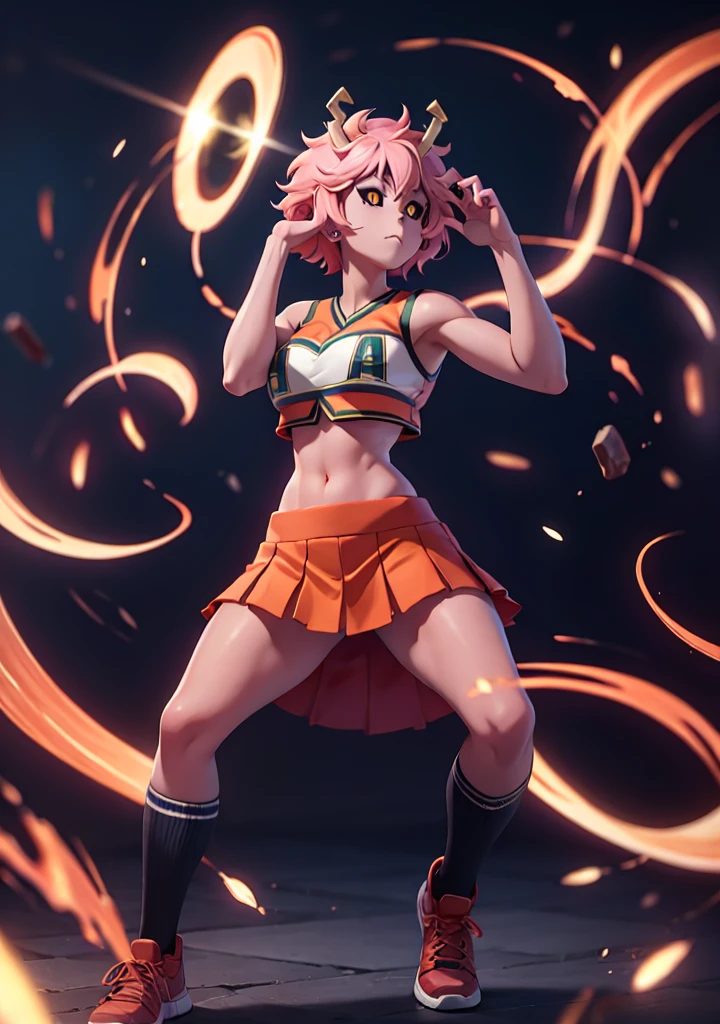 mina ashido, 1girl, solo, looking at viewer, short hair, simple background, yellow eyes, pink hair, horns, colored skin, colored sclera, black sclera, pink skin, U.A. CheerUniform, orange skirt, (bare belly), perfect shading, bare shoulders, big breasts