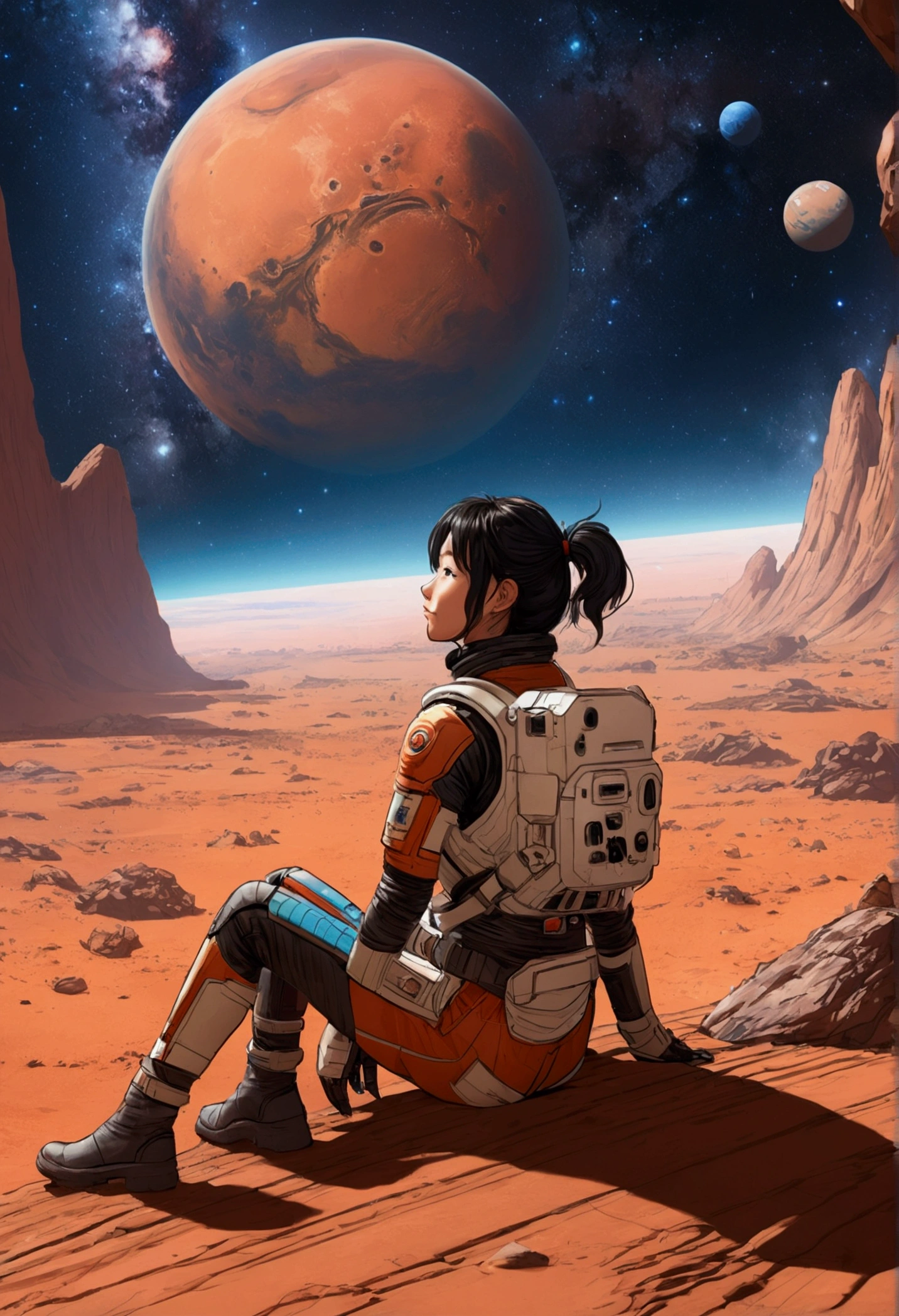 Anime Type、Girl sitting on the ground looking at Mars、Space Cowboys、サイバーSpace Cowboys、Inspired by Josan Gonzalez、Xin Haicheng(Apexlegends)、Akira art style、Rosstranstil、Akira Vibes、Akira art style、Simple Background