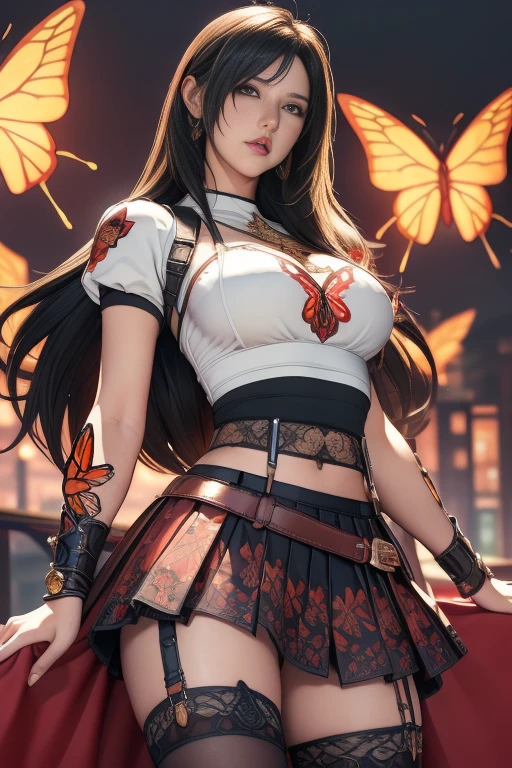 {Highest quality}, {とてもbeautiful}, {Very detailedな}, {最高のAn illustration}, masterpiece,(((Skirt Lift:1.5))),((Showing off her red butterfly panties)),garter belt:1.2,((Holy Knight)), Smooth breastplate, ((Black Copper Armor))、((((Extremely detailed and intricately decorated armor:1.1)))),Red Cowboy Shot,smooth udder、big 、(Golden Ratio,Tabletop, Highest quality, Highest quality, Official Art, beautifully、beautiful:1.2), Very detailed, colorful,Best details,An illustration, Great scene, (Age 25,One Woman, alone, Final Fantasy 7,Tifa:1.5, Tifa:1.5, Tifa:1.5, Long Hair, Long Hair,Hair blowing in the wind,Black Hair:1.2,TifaCostume:1.5, Tifa Costume:1.5, mini skirt,Knee socks, Thighs Thighs Thighs Thighs, gem, Blue Belt,Belt number 1),Course of action, A look of contempt ,From below,