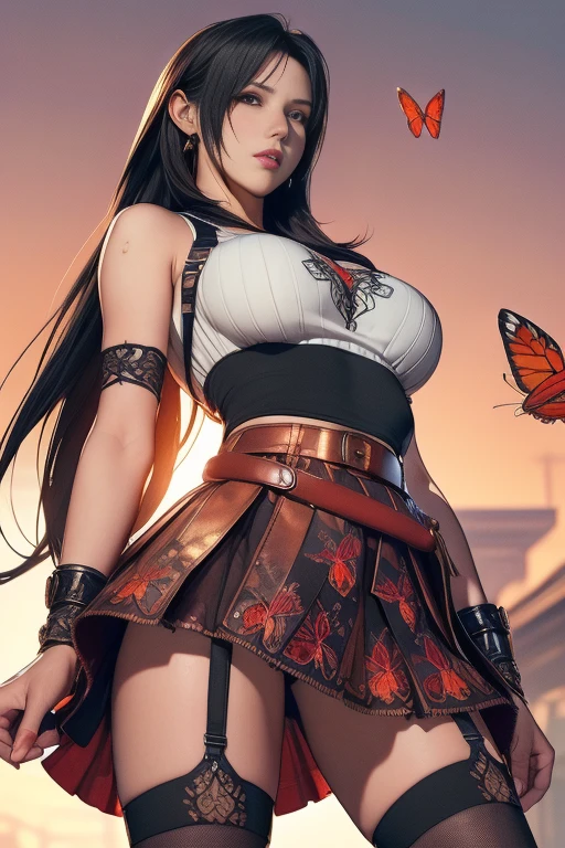 {Highest quality}, {とてもbeautiful}, {Very detailedな}, {最高のAn illustration}, masterpiece,(((Skirt Lift:1.5))),((Showing off her red butterfly panties)),garter belt:1.2,((Holy Knight)), Smooth breastplate, ((Black Copper Armor))、((((Extremely detailed and intricately decorated armor:1.1)))),Red Cowboy Shot,smooth udder、big 、(Golden Ratio,Tabletop, Highest quality, Highest quality, Official Art, beautifully、beautiful:1.2), Very detailed, colorful,Best details,An illustration, Great scene, (Age 25,One Woman, alone, Final Fantasy 7,Tifa:1.5, Tifa:1.5, Tifa:1.5, Long Hair, Long Hair,Hair blowing in the wind,Black Hair:1.2,TifaCostume:1.5, Tifa Costume:1.5, mini skirt,Knee socks, Thighs Thighs Thighs Thighs, gem, Blue Belt,Belt number 1),Course of action, A look of contempt ,From below,