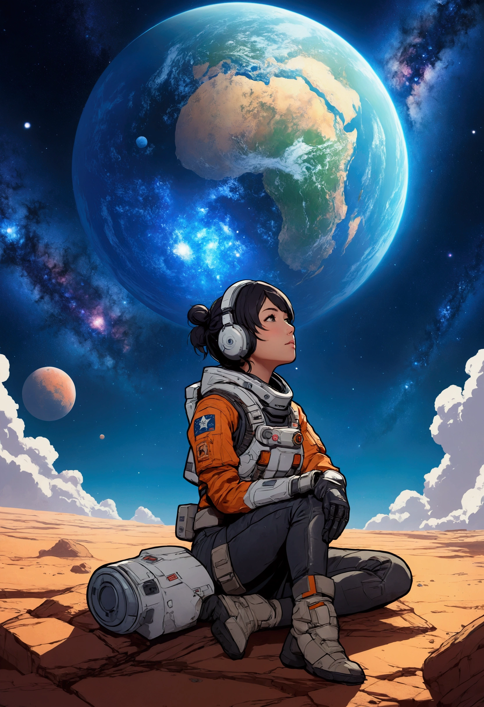 Anime Type、Girl sitting on the ground looking at the singularity、Space Cowboys、サイバーSpace Cowboys、Inspired by Josan Gonzalez、Xin Haicheng(Apexlegends)、Akira art style、Rosstranstil、Akira Vibes、Akira art style、Simple Background
