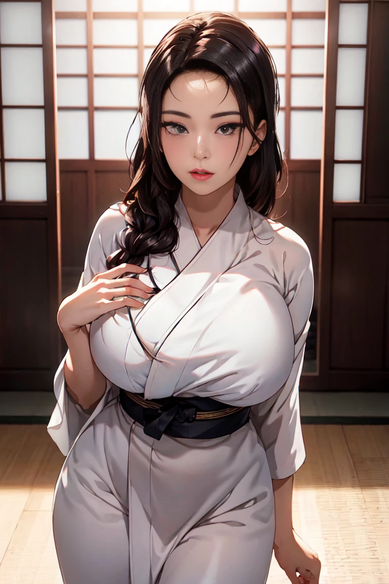 East Asian Architecture, stand at attention, White Kimono, Black_hair, long_hair, hair_pull_Back,separate_Lips,purple_Eye, Weaving, 1 girl, 20 years old,Young women,beautiful long legs,beautiful body, beautiful Nose,beautiful character design, perfect Eye, perfect Face,expressive Eye,Perfect balance, Looking at the audience,(Focus on her Face),Shut up, (Innocent_Large target_Eye:1.0),(Light_Smile:0.3), Official Art,Extremely detailed CG unity 8k wallpaper, Perfect lighting,rich and colorful, bright_front_Face_Lighting,White skin, (masterpiece:1.0),(the best_quality:1.0), 超high resolution,4K,Extremely detailed, photography, 8K, HDR, high resolution, absurd:1.2, Kodak Portra 400, Film Grain, blurry Background, Bokeh:1.2, 镜头Light晕, (Energetic_color:1.2),专业photography师, (beautiful,Large target_breast:1.4), (beautiful_Face:1.5),(narrow_waist),