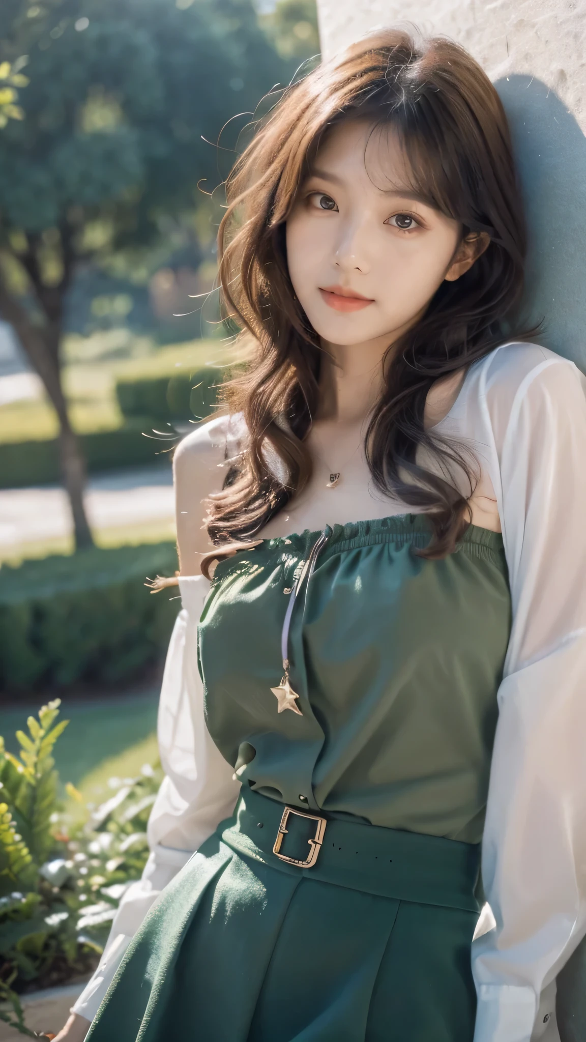 detailed background, masterpiece, best quality, 1 person , curly hair, long hair, purple eyes, star in eye ,green Strapless blouse, long skirt