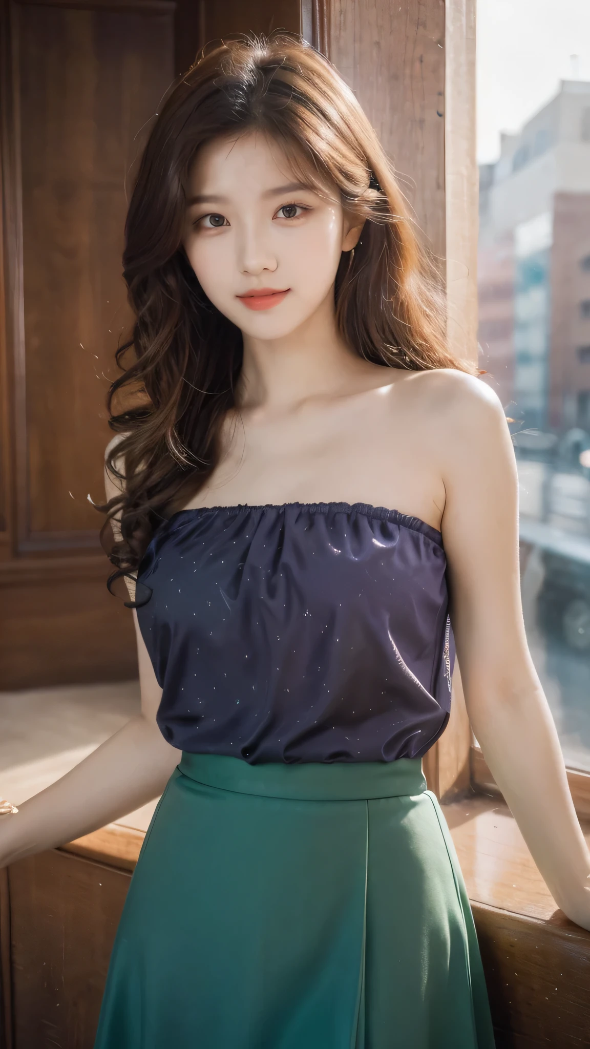 detailed background, masterpiece, best quality, 1 person , curly hair, long hair, purple eyes, star in eye ,green Strapless blouse, long skirt