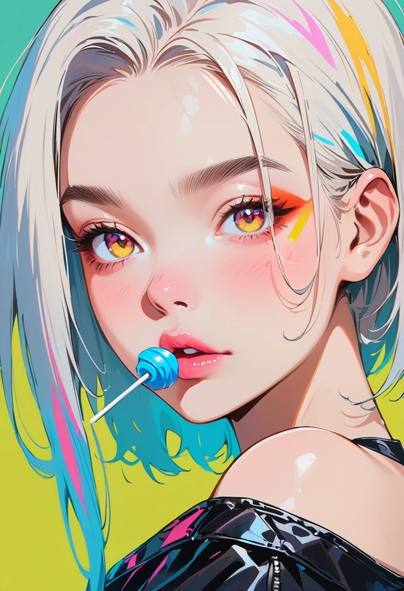 (masterpiece, best quality:1.4), 1 girl, solo, Anime style, Colorful pupils, Blurred eyes, With a lollipop, Pink lower lip, Cyberpunk style makeup, Orange lower eye shadow, Short silver asymmetrical hair, Asymmetrical short hairstyle, Long bangs on one side, Color highlights, Black off-the-shoulder leather jacket, Pure background.