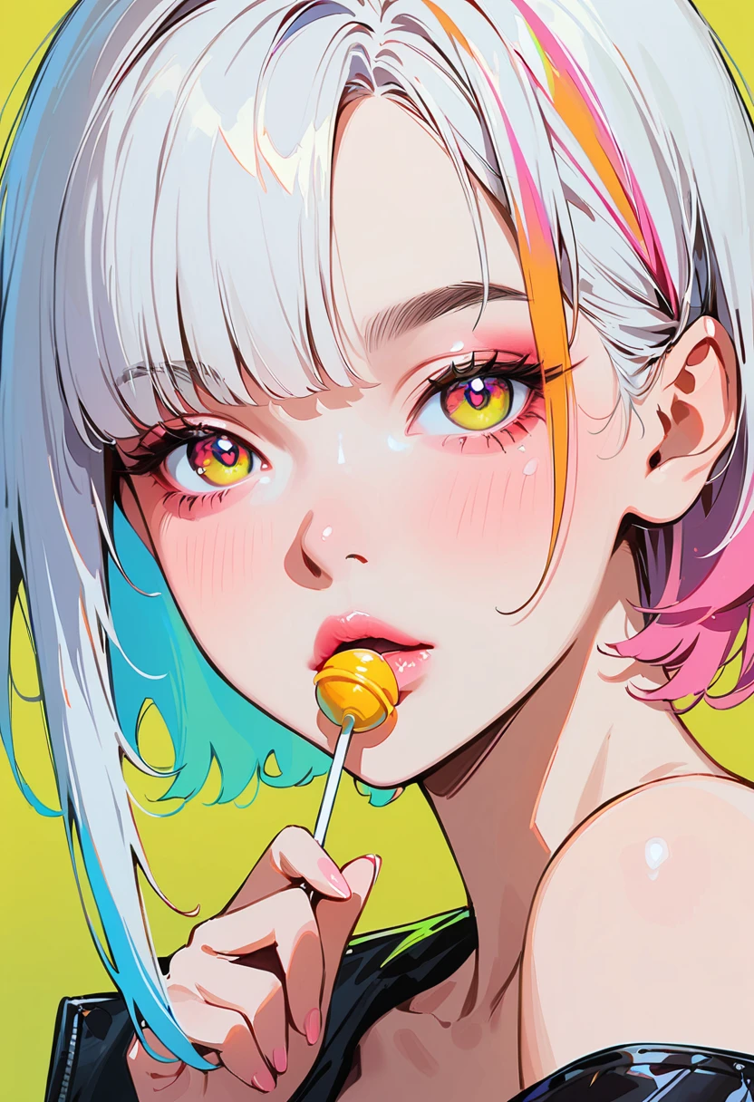 (masterpiece, best quality:1.4), 1 girl, solo, Anime style, Colorful pupils, Blurred eyes, With a lollipop, Pink lower lip, Cyberpunk style makeup, Orange lower eye shadow, Short silver asymmetrical hair, Asymmetrical short hairstyle, Long bangs on one side, Color highlights, Black off-the-shoulder leather jacket, Pure background.