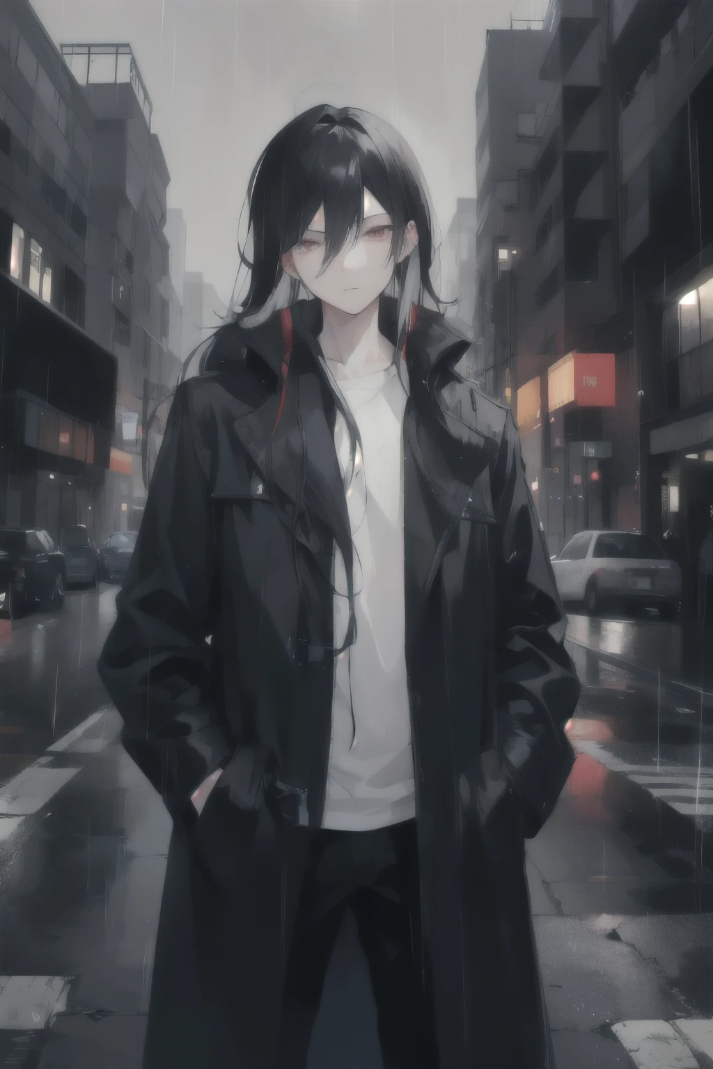 1 Boy,long black hair,of the night city,rain,coat,Hands in pockets,Always very lazy,Hair with white highlights of different textures