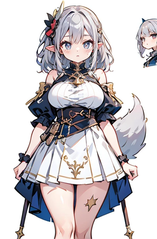 Anime Kawaii sexy Perfect Slim sensual body large breast and huge thighs, An intricate and highly detailed illustration of anime (Young girl). best qualityer,Masterpiece artwork,The is very detailed,4K,Gray hair and shallow eyes,Drag cool expressions,wolf's ears,Upright scar on left eye,British style,1 girl,utterly cute, Breasts huge, White attire, Scrunchie de orelha de animal