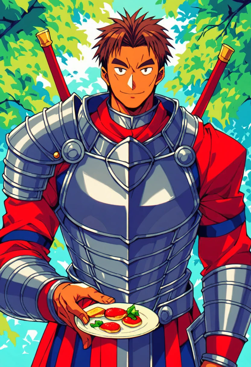 1father, veteran knight, muscular mature, parted bangs, 40yo, brown hair, evergreen eyes, thick brown eyebrow, sanpaku, tanned skin, small eyes, short hair male, facial wrinkles, ideal ratio body proportions, ordinaly, BREAK solo, red full plate armor, light smile, 1980s, visual novel, in old jrpg style, in hokuto no ken style, extreme all detailed, masterpiece, best quality, BREAK score_9, score_8_up, score_7_up, score_6_up, score_5_up, score_4_up, source_anime