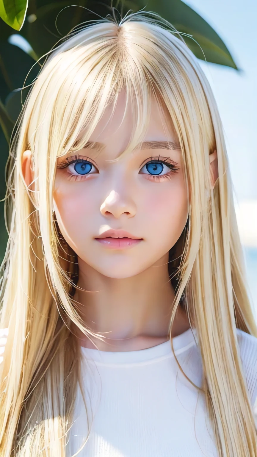 clear shiny skin、13 years old cute sexy little beautiful face、very large and beautiful bright pale sky blue eyes、Very big eyes、Straight long hair that shines in the light、Long, silky bangs that cover her cute eyes、Sexy face hiding hair、Too long hair、sexy cute young beautiful girl、Super long natural young blonde hair with sparkling light highlights Blonde hair above the eyes Blonde hair above one eye、Blonde hair between the eyes、Cheek gloss highlighter