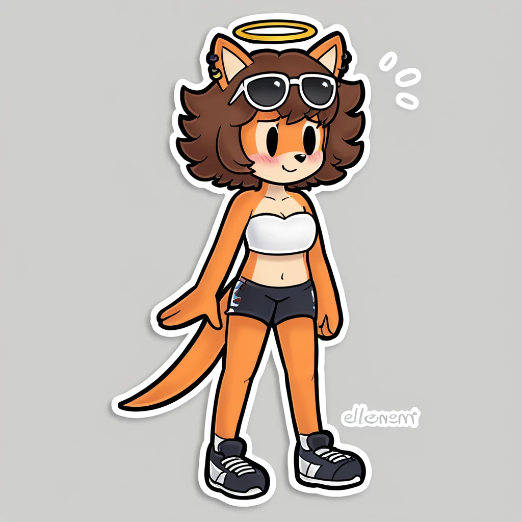 score_9, score_8_up, solo, mobian, hedgehog, two-tone fur ((orange fur, brown fur)), pyjama elastic shorts, strapless crop top, cleavage, high-top sneakers, two-tone hair (brown hair, black tip)), curly hair, halo, sunglasses, jewelry, red eyes, longeyelashes, red eyes, smile, shy, blush