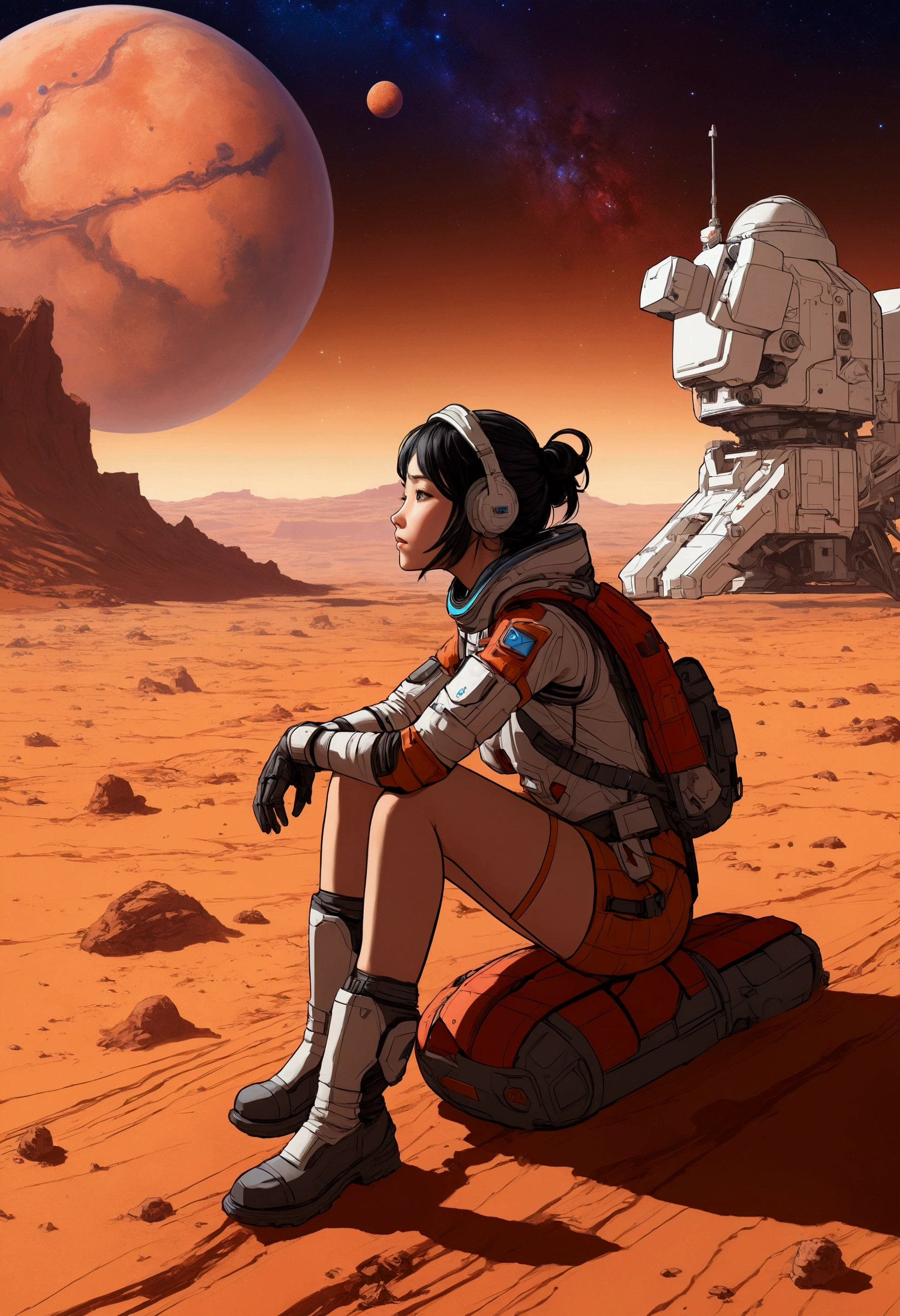 Anime Type、Girl sitting on the ground looking at Mars、Space Cowboys、サイバーSpace Cowboys、Inspired by Josan Gonzalez、Xin Haicheng(Apexlegends)、Akira art style、Rosstranstil、Akira Vibes、Akira art style、Simple Background