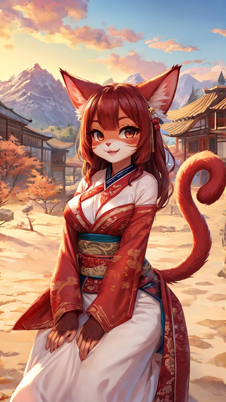 Yaki Neko,cute,Beautiful view of the mountains,Hanfu,Smile,girl,B-cup breasts,Cat,Height 160cm,Red cat tail