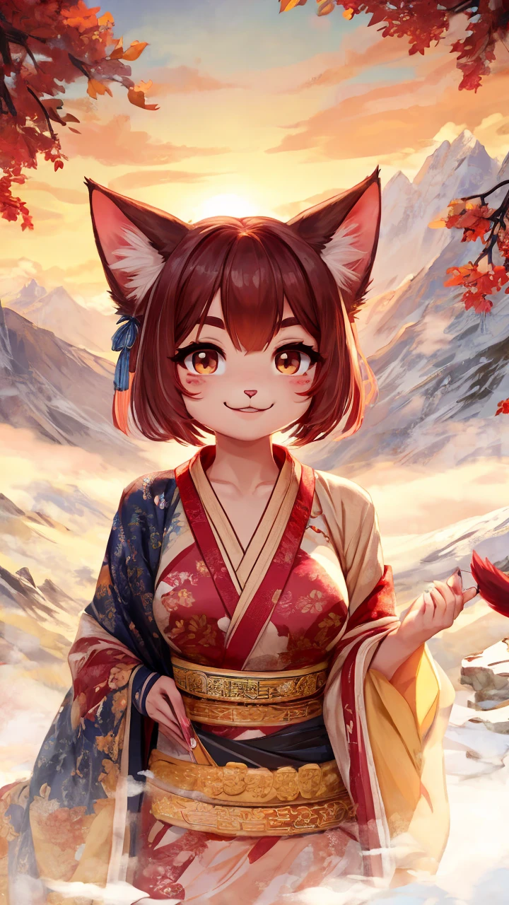 Yaki Neko，cute，Girl，Beautiful view of the mountains，Hanfu，Happy smile，girl，A-cup breasts，Cat，Height 160cm，Red cat tail