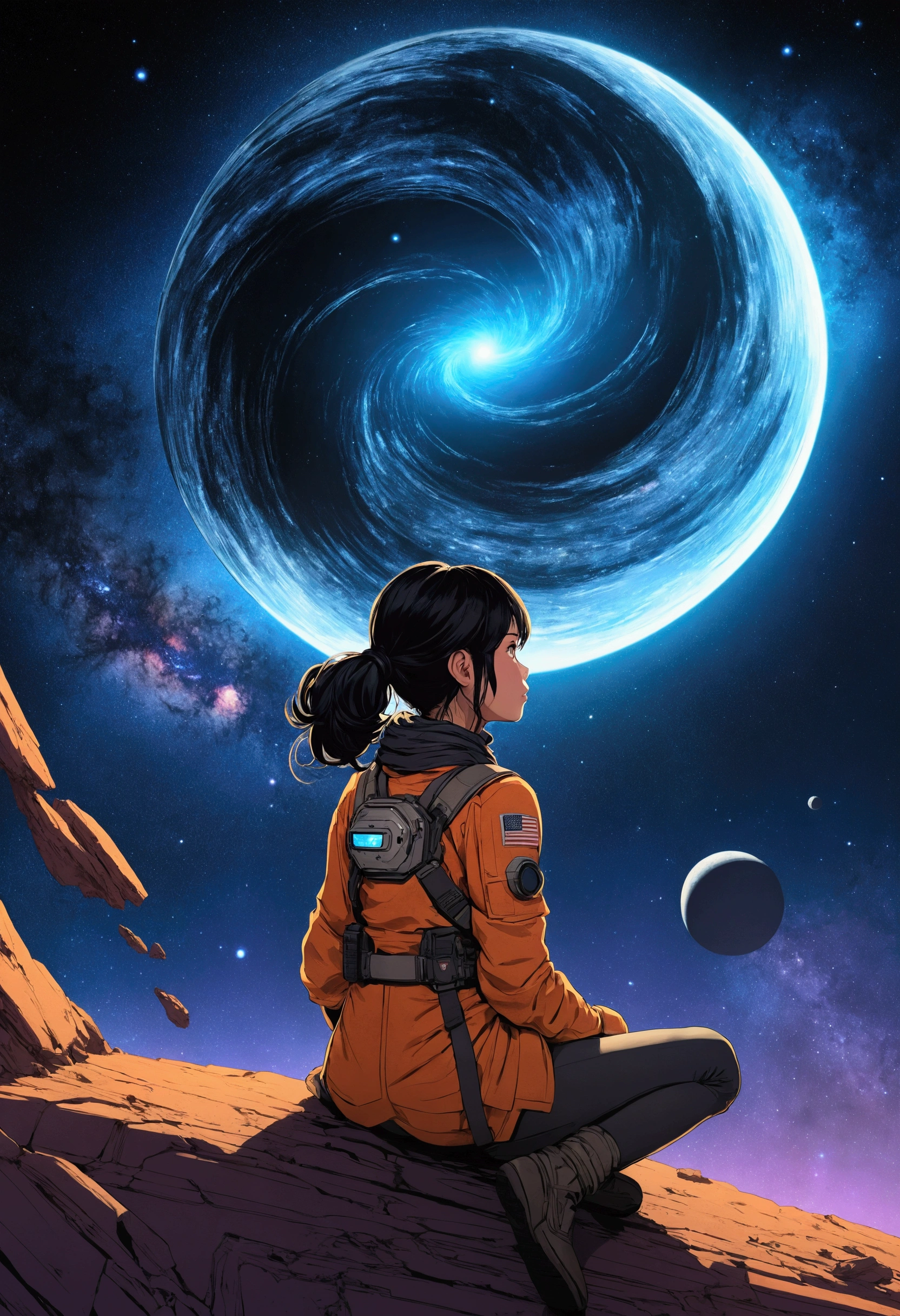 Anime Type、A girl sits on the ground and watches the birth of a black hole、Space Cowboys、サイバーSpace Cowboys、Inspired by Josan Gonzalez、Xin Haicheng(Apexlegends)、Akira art style、Rosstranstil、Akira Vibes、Akira art style、Simple Background