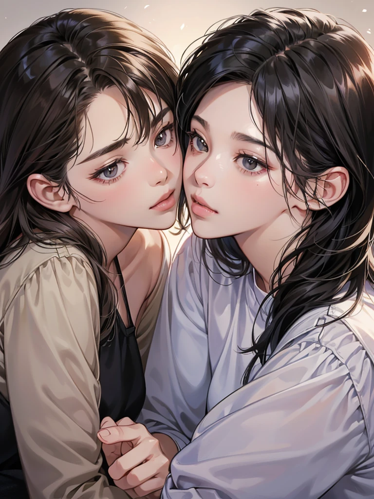 (masutepiece, Digital Art, Digital Illustration, 4K, 8K, Ultra-detailed, beautiful image, Sharp Image, Photorealistic, Raw photo, Perfect face, Perfect lines, Perfect eyes, Soft lighting) , a couple, 1 girl 1 boy, Hair color is different, Medium black hair and brown eyes, Short black hair and gray eyes, Romance, Lie on the ground, the kiss、Kissing、a couple、Lip touch, พื้นหลังเรียบๆ