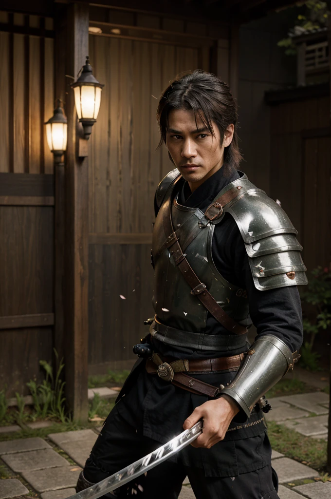 Epic male samurai warrior, battle-worn armor with visible scars, holding a katana with a gleaming blade, traditional Japanese setting, cherry blossoms in the background, mystical fog, dusk lighting, intense gaze, highly detailed, realistic, cinematic, vibrant colors, fierce battle scene remnants, bloodstains, rugged and strong --ar 16:9 --v 6 --stylize 1000