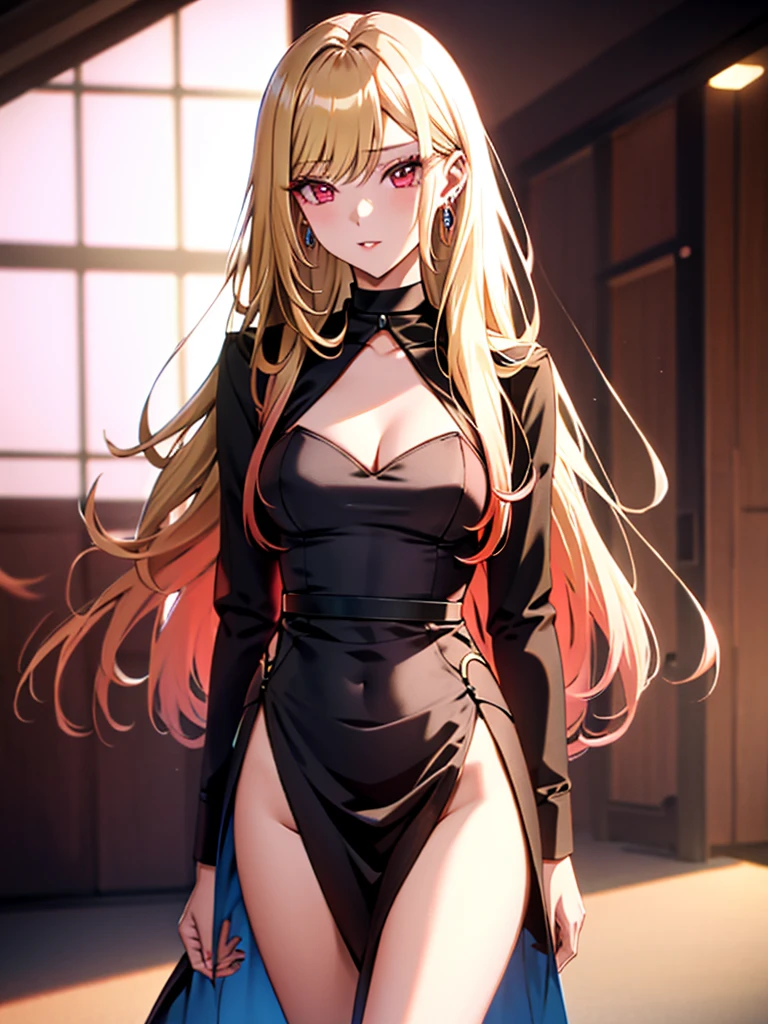 Evening Dresses, Runway, Fashion Model, kitagawa marin, One girl, Blonde, Long Hair, Multicolored Hair, Red eyes, jewelry, Earrings, Earrings, Black choker, 超High resolution, retina, masterpiece, Accurate, Anatomically correct, Textured skin, Super Detail, Attention to detail, high quality, 最high quality, High resolution, 4K