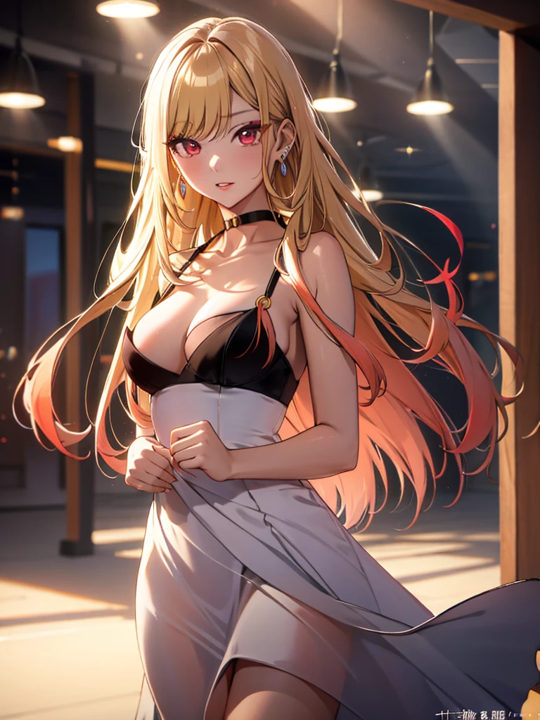 Evening Dresses, Runway, Fashion Model, kitagawa marin, One girl, Blonde, Long Hair, Multicolored Hair, Red eyes, jewelry, Earrings, Earrings, Black choker, 超High resolution, retina, masterpiece, Accurate, Anatomically correct, Textured skin, Super Detail, Attention to detail, high quality, 最high quality, High resolution, 4K
