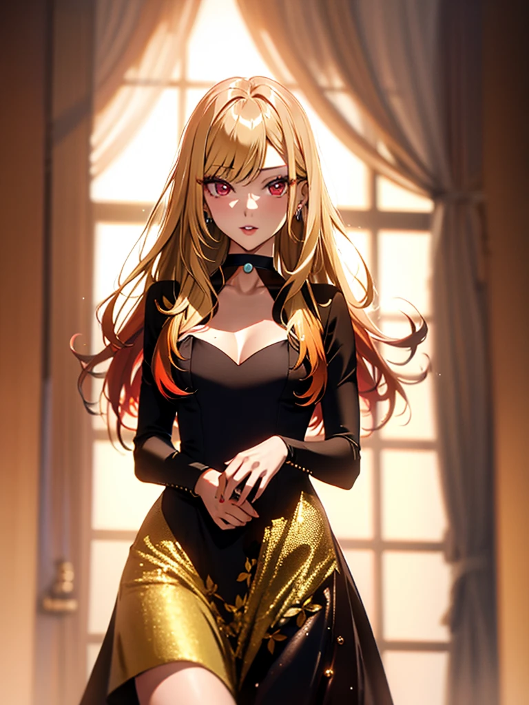 Evening Dresses, Runway, Fashion Model, kitagawa marin, One girl, Blonde, Long Hair, Multicolored Hair, Red eyes, jewelry, Earrings, Earrings, Black choker, 超High resolution, retina, masterpiece, Accurate, Anatomically correct, Textured skin, Super Detail, Attention to detail, high quality, 最high quality, High resolution, 4K