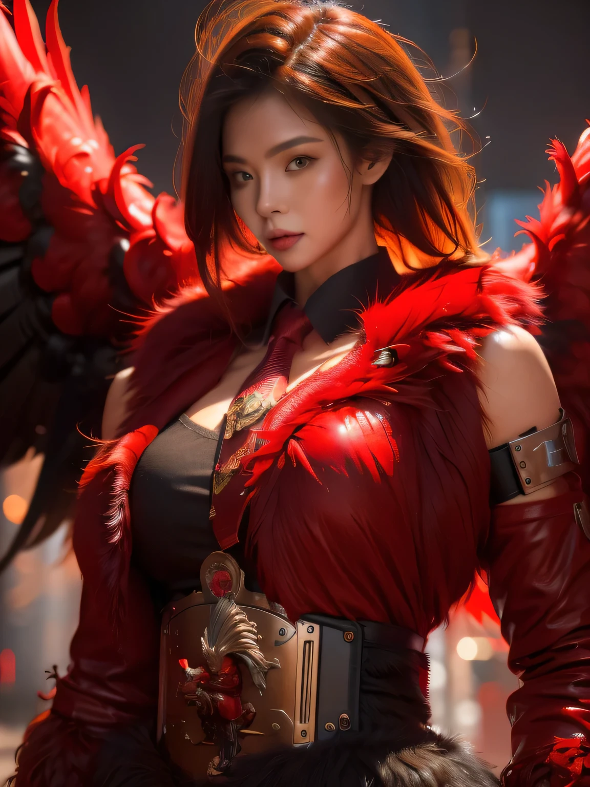 Red Theme, Phoenix Mech, Chicken head rooster, Mecha Wings, Cyberpunk, best quality, masterpiece, unmanned, whole body, Mechanical wonder, Strong, moon, the ruined city, Highest quality digital art, Amazing Art, Wallpaper 4k, Very detailed, military, , War Zone, Dynamic Lighting, , epic, Mechanical parts damage