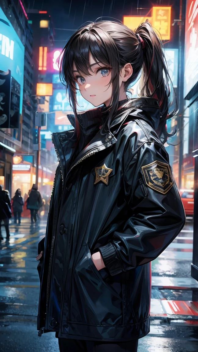 1（boy）,long black hair,of the night city,rain,coat,Hands in pockets,Always very lazy,Hair with white highlights of different textures,Turn your face slightly,tie a ponytail,evil police officer
