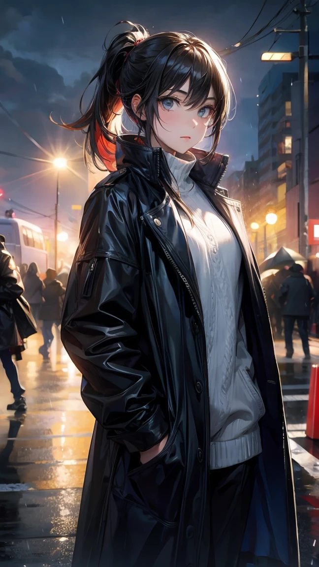 1（boy）,long black hair,of the night city,rain,coat,Hands in pockets,Always very lazy,Hair with white highlights of different textures,Turn your face slightly,tie a ponytail,evil police officer
