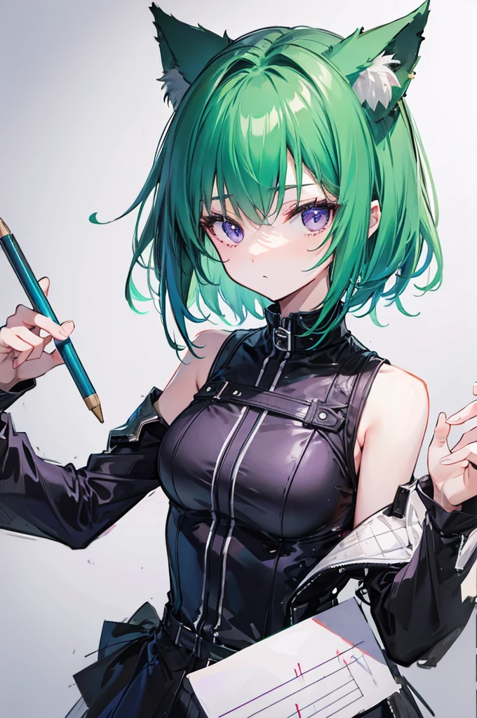 1 girl, green hair, short hair, pony tail hair, purple eyes, cat ears, cat girl, multiple views, pencil sketch, (sketch:1.25), best quality, Line draft, highres, (ultra-detailed:1.1), (illustration:1.1), (solo), perfectly drawn hands, standing, cohesive background, paper, action, (character design:1.1)