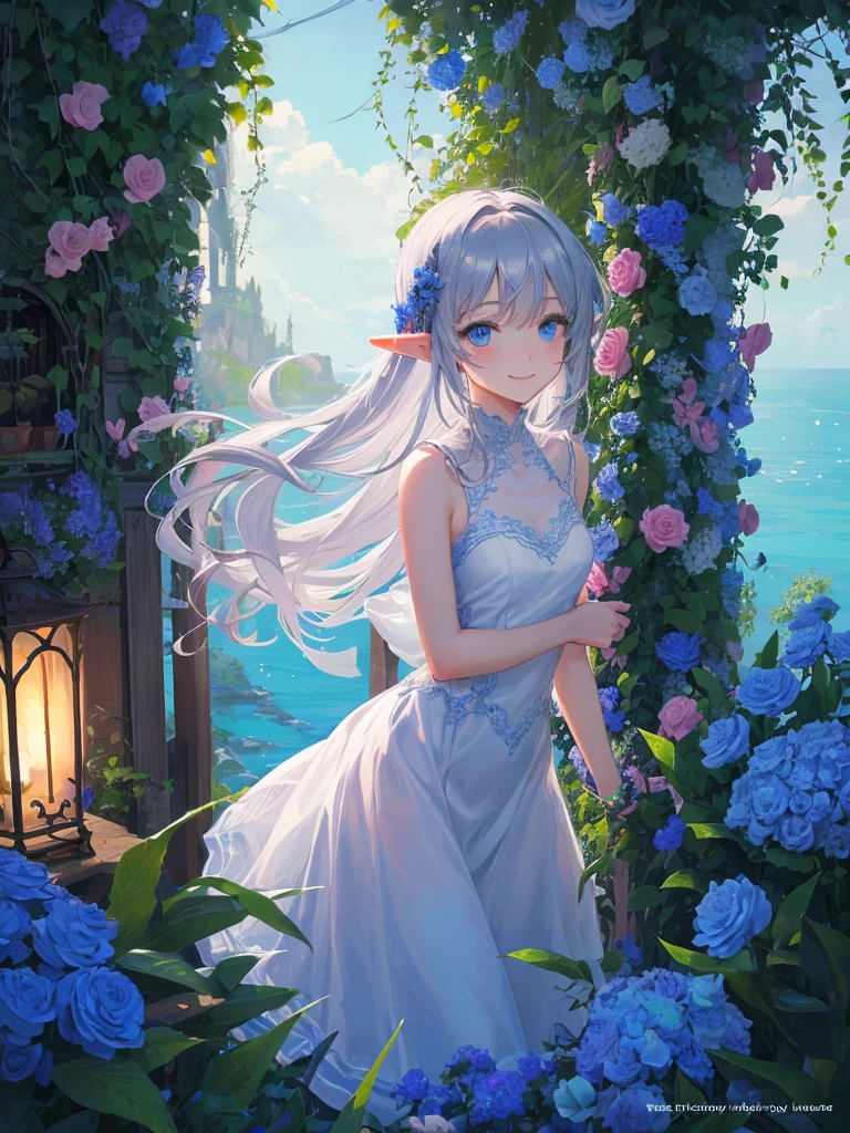 art by Cornflower,(masterpiece:1.2),(4k),high quality,(perfect anatomy),((arms behind back)),(1 girl),elf,silver long hair,beautiful detailed blue eyes,shy smile,a scene of flowers full of vitality and color,let the sea of flowers exude a mysterious and charming atmosphere,all kinds of flowers are blooming,As beautiful as walking out of a fairy tale,Undeservedly beautiful,dreamy romantic,fantastic and dreamy theme,Magical colors and atmosphere,film lighting,wide shot