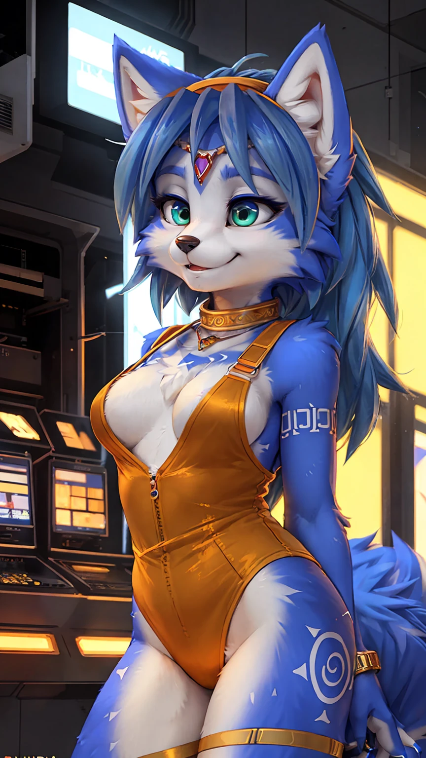 A beautiful and detailed (sweet portrait) wa ((krystal)), Star Fox krystal, sslim, green eyes, medium breasts, (((Long blue hair 1.3))), Decollete, look up, anthro, furry, Uploaded E621, detailed fluffy fur, (wa Fluff-Kevlar, Bayard Wu, personalize me, Pino Daeni), detailed face, (fluffy), 1 girl, alone, Sweet young girl, Blue skin-tight overall, Viewers look at, smile,
